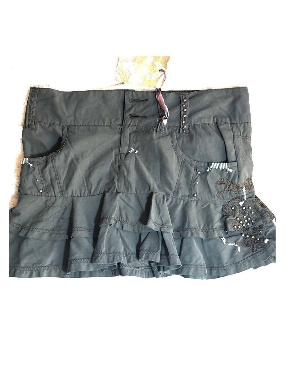 NEW-CHILLI Pepper London Ruffled, Embroidered, Hand Beaded, Studded Mini Skirt